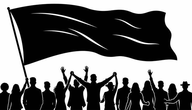 People protesting with a black flag.