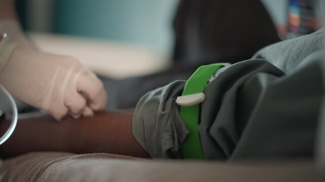 Nurse prepares syringe on calm clinical setting. Home environment as nurse collects blood sample with focus. Serene home setting showing nurse handling syringe during blood draw process