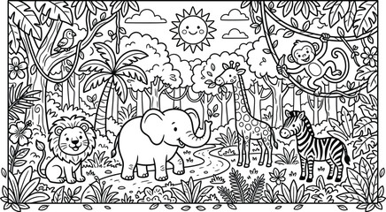 Obraz premium Jungle Animals Coloring Page for Kids Elephant Lion Giraffe Zebra Safari Art Set