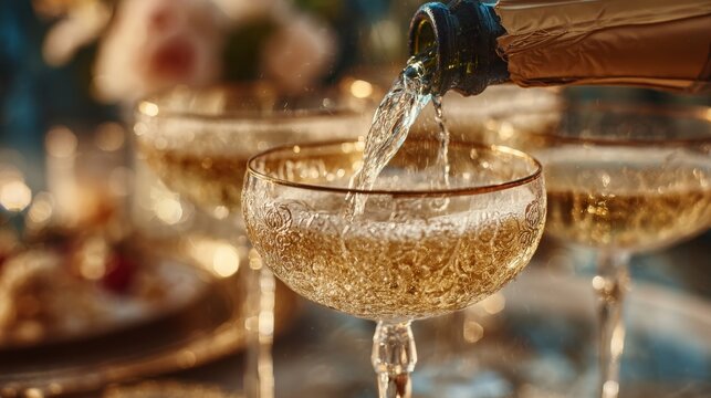 Champagne Pouring into Coupe Glasses, Celebratory Toast, Bubbly Delight