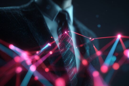 Harnessing virtual intelligence for economic expansion. Digital web. Tech visionary with virtual agi and brightening market graphs. Virtual connectivity. Cyber intelligence.