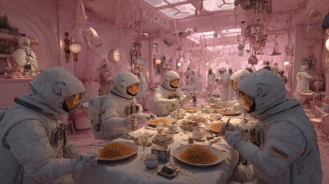 Astronauts Enjoying Spaghetti Dinner in Surreal Pink Dining Room