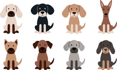 Obraz premium Adorable set of cartoon-style sitting dog icons in various breeds and natural colors, featuring friendly faces and simple shapes, ideal for pet-themed designs, apps, or educational materials