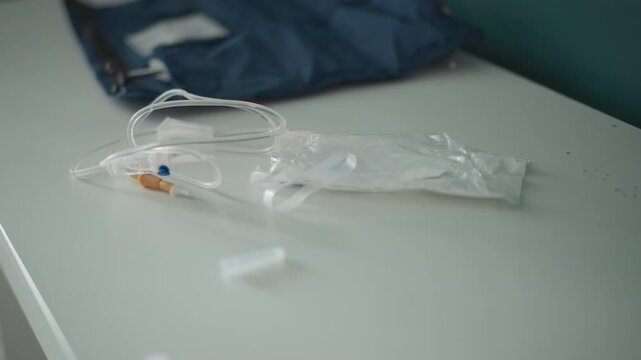 Lying connector beside sealed medical kit. White table with connector near sealed medical supplies. Lying connector rests on white table alongside sealed medical kit that can be seen clearly