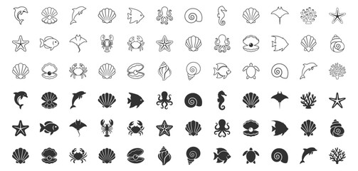 sea animals and shells icon set in line and solid style on transparent background © gerik_a