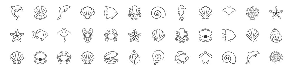 collection of marine animal and seashell line icons vector set on transparent background © gerik_a