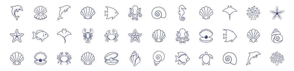 set of marine animals and seashell line icons illustration on transparent background © gerik_a