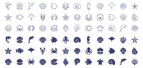 marine sea life icons set with ocean animals and shells vector illustration on transparent background © gerik_a