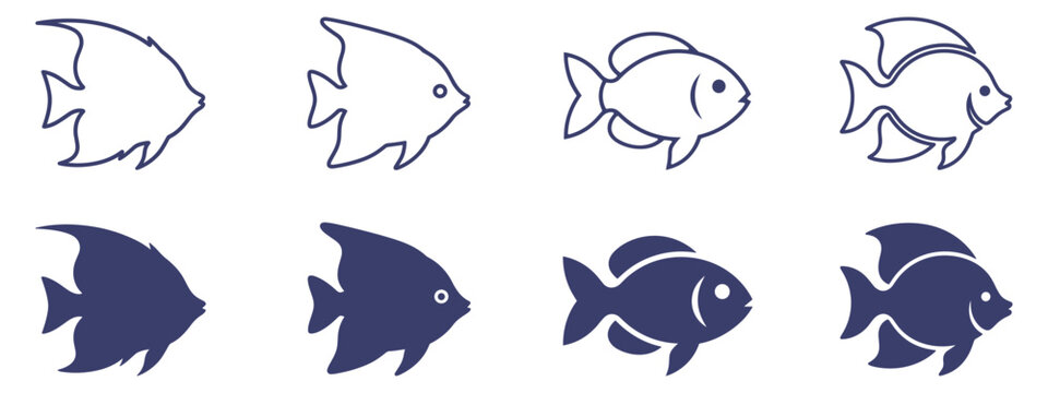 set of eight simple vector fish icons in outline and solid styles on transparent background