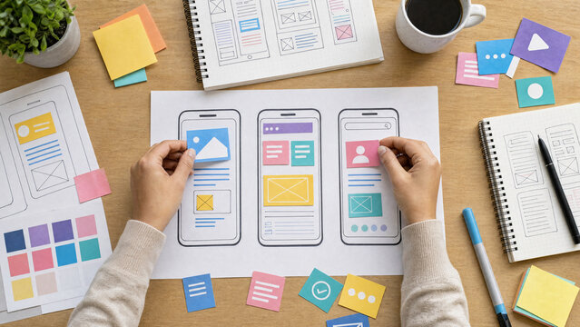 Designer hands designing mobile app interface wireframe layout with paper elements on table