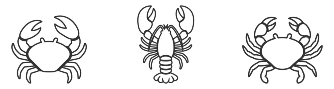 black outline crab and lobster icons vector set on transparent background