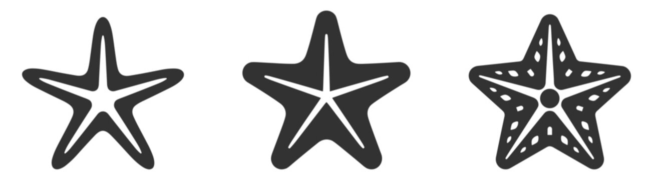 three black starfish icons in different stylized shapes and patterns vector illustrations on transparent background