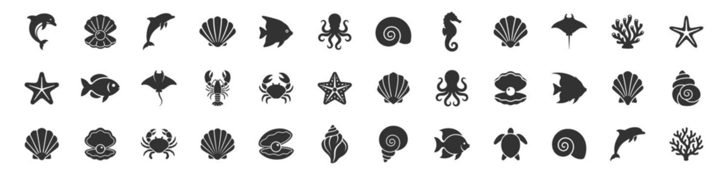 sea animals and shell icons set in silhouette style for marine and underwater themes on transparent background