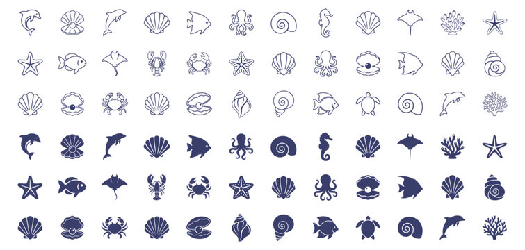 marine sea life icons set with ocean animals and shells vector illustration on transparent background