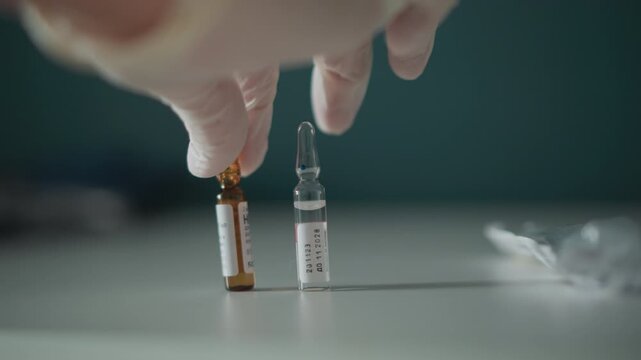 Gloved hand placing amber ampoule on table, closeup of glass vials and labels, clinician arranging medication set for injection, sterile countertop and precise dosing action in calm clinical