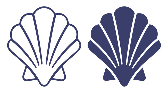 scallop shell icon set silhouette and outline illustration on transparent background