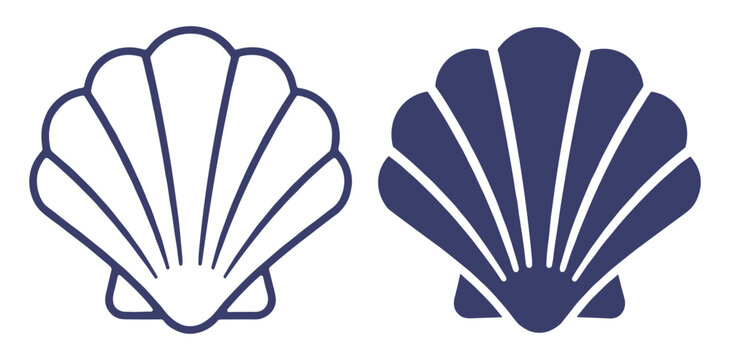scallop shell icons set, line outline and solid glyph style, marine animal symbol, shellfish vector illustration on transparent background