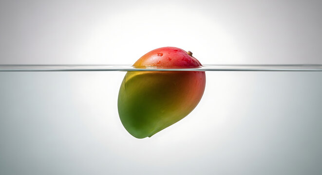 A fresh ripe mango floating in clear water against a neutral light background