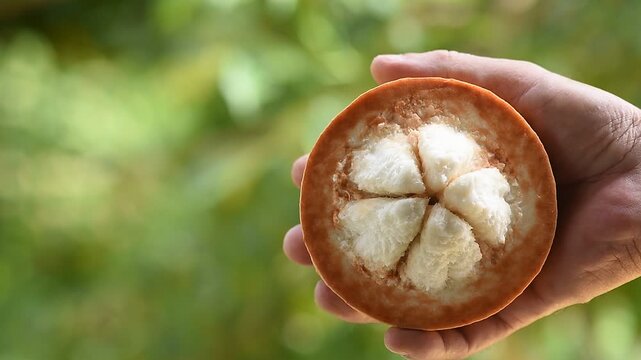 Santol or Sandoricum koetjape (Burm. f.) Merr. fruits in hands on natural background.