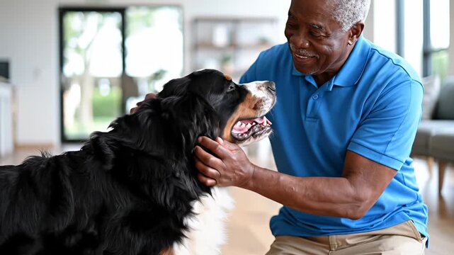 Elderly man pets Bernese mountain dog while smiling. Indoor space with natural light and wooden floors. Concept of pet care, companionship, elder care