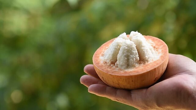 Santol or Sandoricum koetjape (Burm. f.) Merr. fruits in hands on natural background.