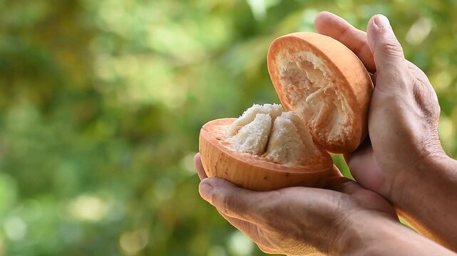 Santol or Sandoricum koetjape (Burm. f.) Merr. fruits in hands on natural background.