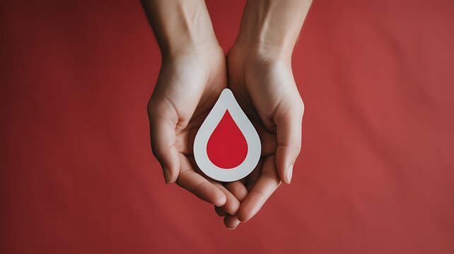 Hands holding a red drop icon for blood donation concept