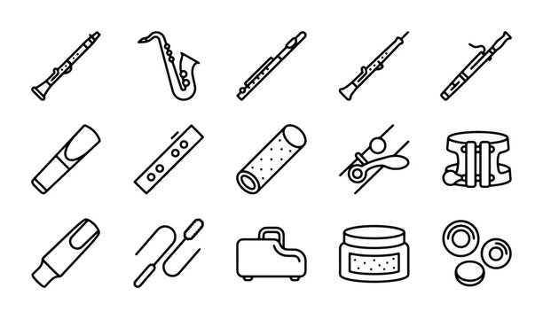 Woodwind Instrument Icons Set, Musical Accessories Vector Graphics, Orchestra Elements Collection