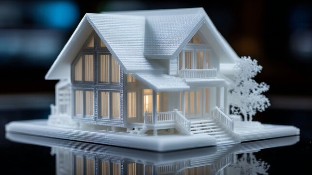 Illuminated White Architectural Model House with Reflective Base