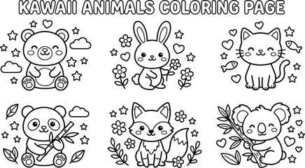 Fototapeta premium Kawaii Animals Coloring Page Set Kids Activity Printable Line Art Collection