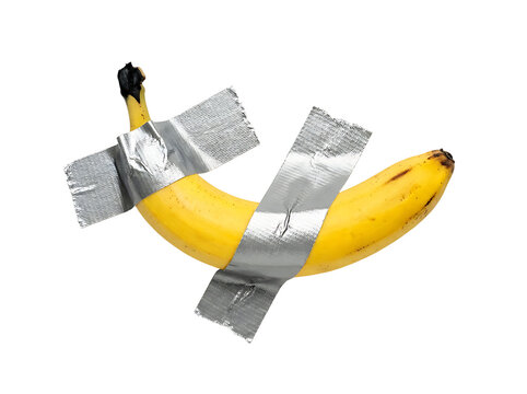 A ripe yellow banana secured with silver duct tape isolated on transparent background