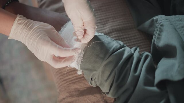 Nurse secures cast edges with precise gloved hands, peeling and trimming plaster wrap on forearm during home followup visit, soft natural light, patient relaxed, focus on technique and comfort