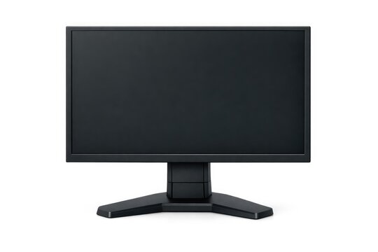 A computer monitor on a stand placed on a white surface