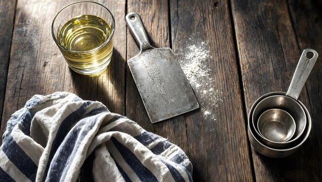 Baking ingredients, kitchen utensils, rustic wood, cooking essentials, home baking
