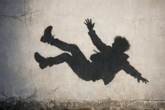 A silhouette of a person falling off a wall, with the surrounding environment blurred
