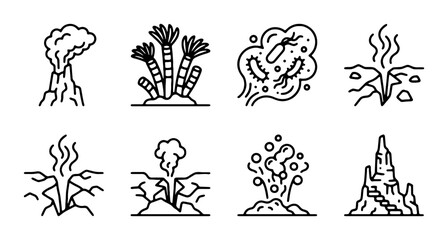 Geological Phenomena Icons: Volcanoes, Geysers, Fossils, Microbes, Caves © Jannat
