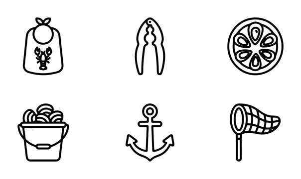 Seafood Icons Set: Lobster Bib, Nutcracker, Lemon Slice, Bucket, Anchor, Net