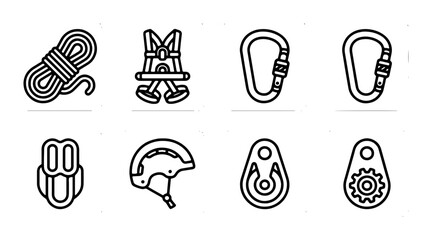 Climbing Gear Icons Set, Safety Equipment Vector Graphics, Adventure Sports Equipment Collection © MdNayeem