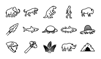 Prehistoric Icons Set: Mammoths, Dinosaurs, Cavemen, Tools, and Ancient Life Vector Graphics © MdNayeem