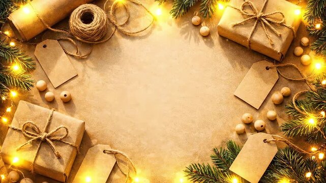 A frame of holiday gift wrapping items, ready-made gifts, fir branches, beads, and twinkling lights with space for text &ndash; a festive background. For seasonal greetings presentations.