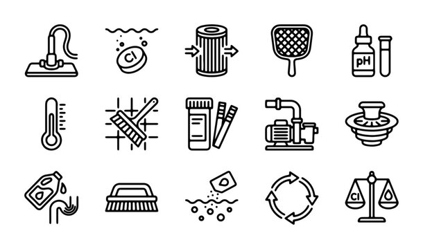 Pool Maintenance Icons Set: Cleaning, Testing, and Equipment Vector Graphics