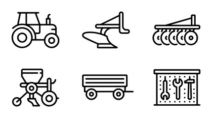 Farm Tractor and Agricultural Equipment Icons, Rural Machinery Vector Set, Farming Tools Collection © Lamia