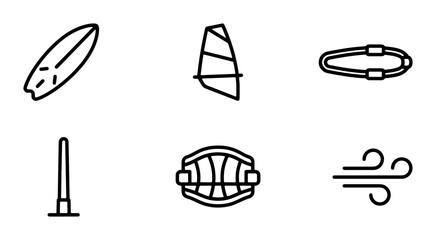 Windsurfing Equipment Icons, Water Sports Gear Set, Vector Symbols for Surfing and Sailing © Tania