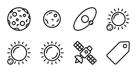 Cosmic Icons Set: Planets, Sun, Satellite, Galaxy, Tag, Space Exploration © Lamia