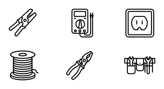 Electrical Tools and Equipment Icons, Vector Set: Pliers, Multimeter, Outlet, Wire Spool, Tool Belt