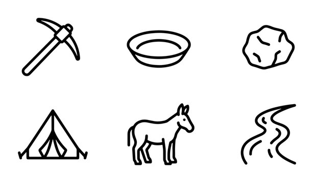 Mining Icons Set: Pickaxe, Tent, Donkey, River, Rock, Bowl, Exploration Symbols