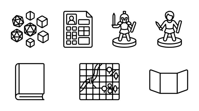 Tabletop RPG Icons: Dice, Character Sheet, Miniatures, Map, Book, GM Screen Icons