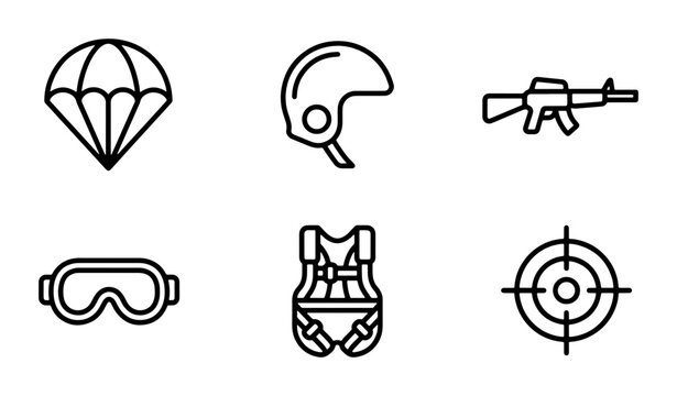 Military and Tactical Gear Icons: Parachute, Helmet, Rifle, Goggles, Vest, Target