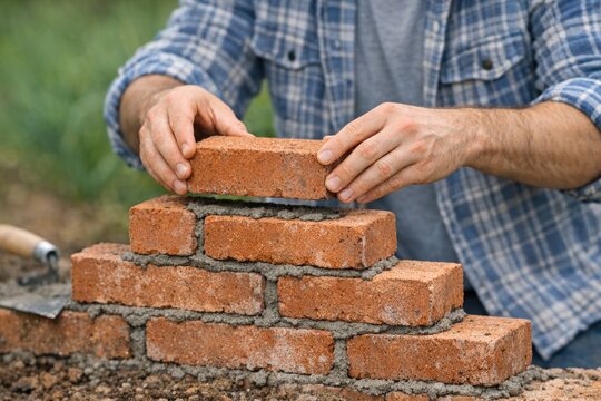 A person constructing a brick wall using a hammer and bricks, a common construction scene