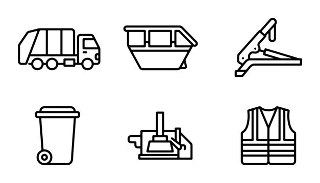 Waste Management Icons: Garbage Truck, Skip Bin, Hole Punch, Trash Can, Compactor, Vest